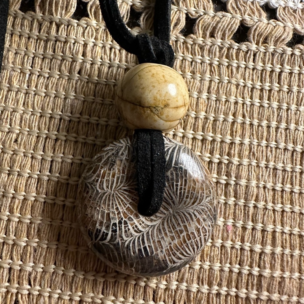 Coral Fossil Donut Pendant Necklace on Black Faux Leather Double Rope